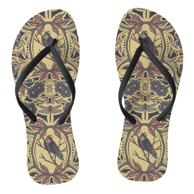 Mauve, Tan & Grey Crow & Dragonfly Floral Jandals (Footbed)