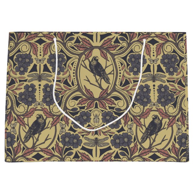 Mauve, Tan & Grey Crow & Dragonfly Floral Large Gift Bag (Front)