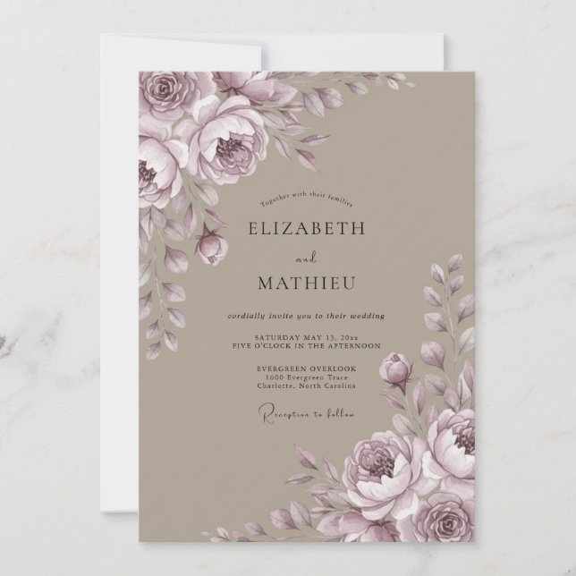 Mauve Taupe Peony Wedding Invitation (Front)