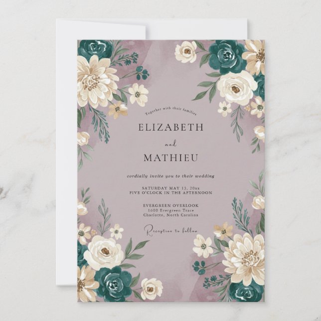 Mauve Teal Painted Wedding Invitation (Front)