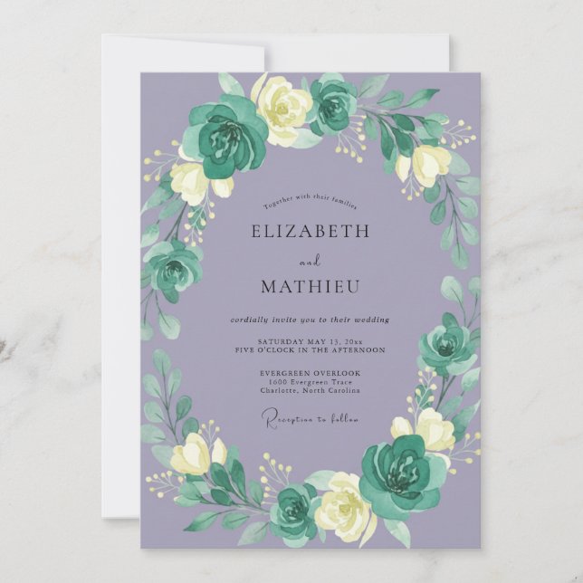 Mauve Teal Peony Wreath Wedding Invitation (Front)