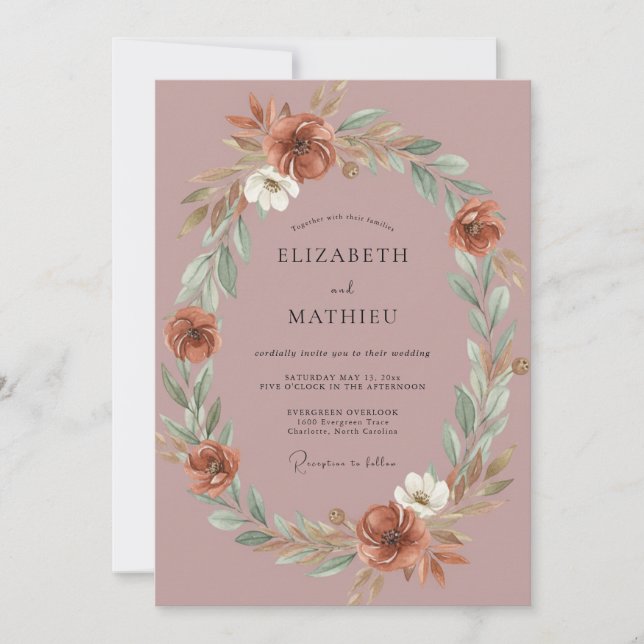 Mauve Terracotta Wreath Wedding Invitation (Front)