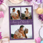 Mauve Thanks 3 Photo Collage Wedding Thank You Postcard<br><div class="desc">Budget Stylish Elegant Minimalist Mauve Purple colour Hand Lettering Script 3 Photo Collage Wedding Thank You Postard. Simple, stylish wedding thank you card template featuring three (3) photo on the front and one (1) photo on the back. With the text "Love and thanks" in a swirly hand lettered calligraphy or...</div>