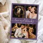 Mauve Thanks Photo Collage Wedding Thank You Postcard<br><div class="desc">Elegant, Stylish, Minimalist Mauve Purple colour Hand Lettered 3 Photo Collage Wedding Thank You Postard. Simple, stylish wedding thank you card template featuring three (3) photo on the front and one (1) photo on the back. With the text "Love and thanks" in a swirly hand lettered calligraphy or typography script...</div>
