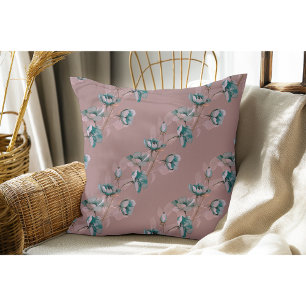 Mauve Vintage Watercolor Blue Flower Stripes  Cushion