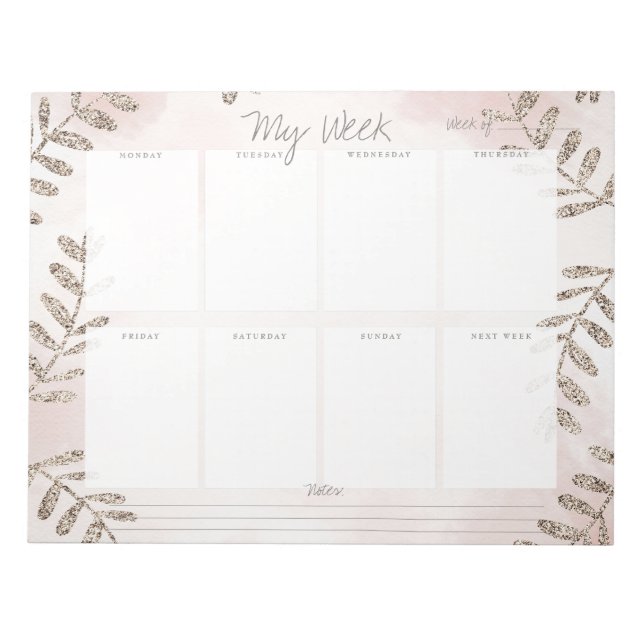 Mauve Watercolor Champagne Glitter Weekly Planner Notepad (Front)