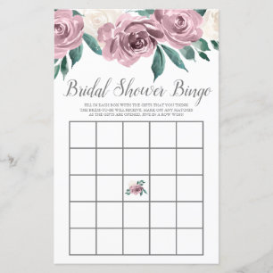 Mauve Watercolor Roses Floral Bridal Shower Bingo