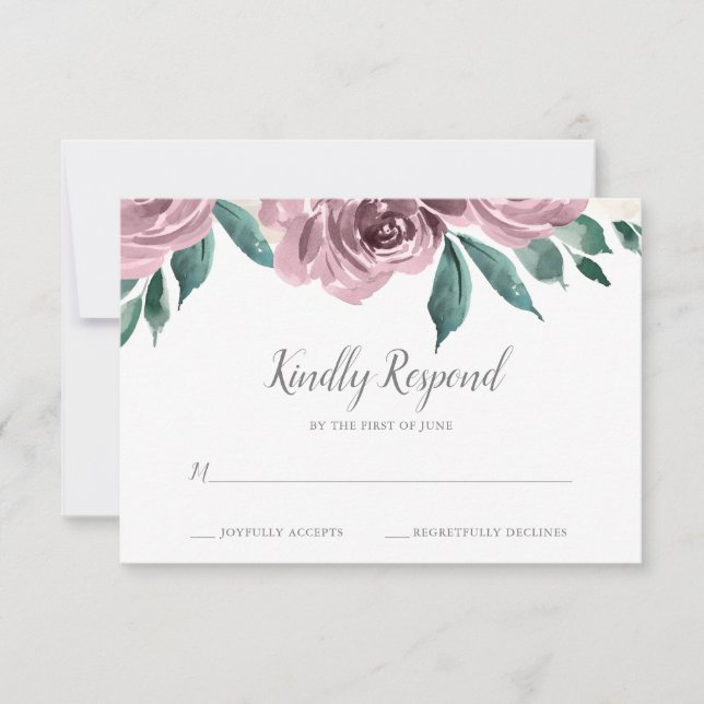 Mauve Watercolor Roses Floral Wedding RSVP Card (Front)