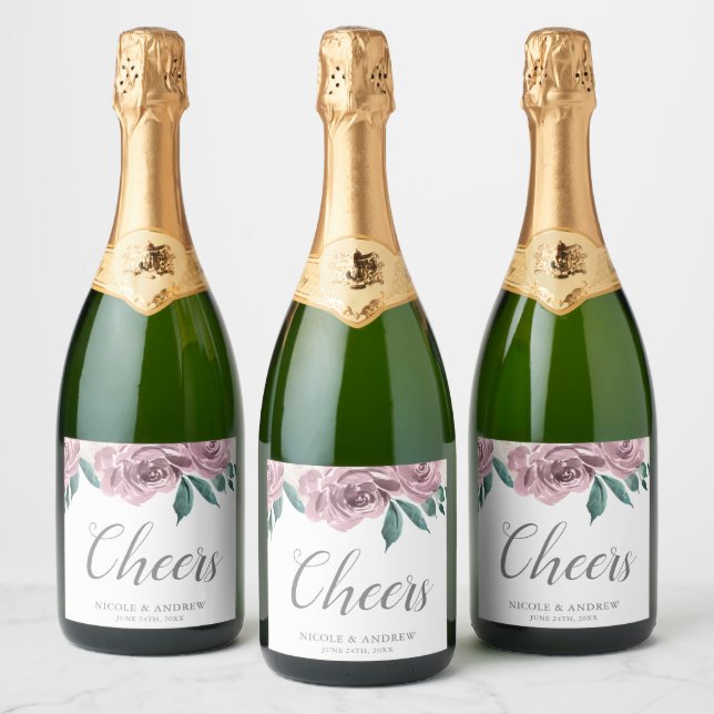 Mauve Watercolor Roses Floral Wedding Sparkling Wine Label (Bottles)