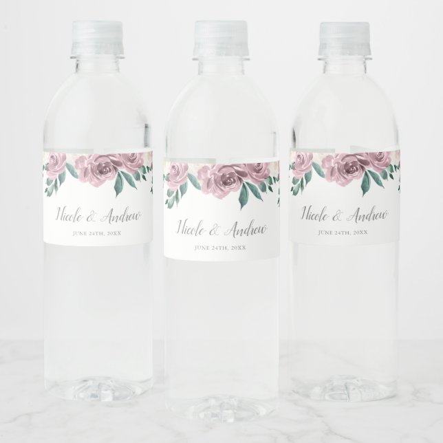Mauve Watercolor Roses Floral Wedding Water Bottle Label (Bottles)