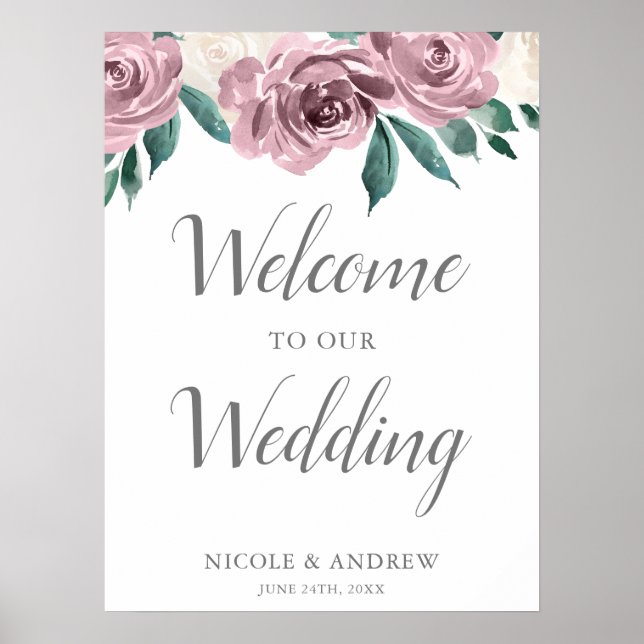 Mauve Watercolor Roses Floral Wedding Welcome Poster (Front)