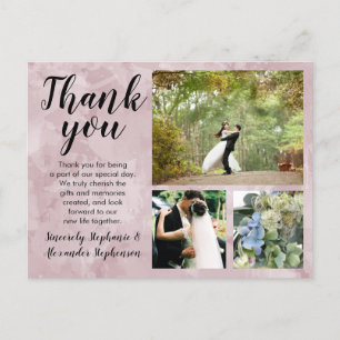 Mauve Watercolor Wedding Thank You Custom 3 Photo Postcard