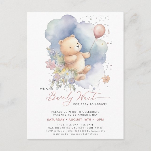 Mauve We Can Bearly Wait Girl Baby Shower Invitation Postcard (Front)