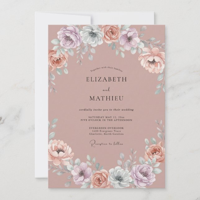 Mauve Whimsical Botanical Wedding Invitation (Front)