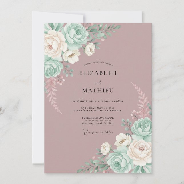 Mauve Whimsical Mint Floral Wedding Invitation (Front)