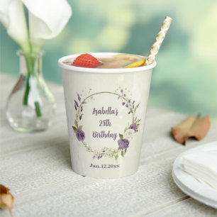 mauve white flowers greenery paper cups
