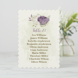 mauve white flowers greenery seating chart card