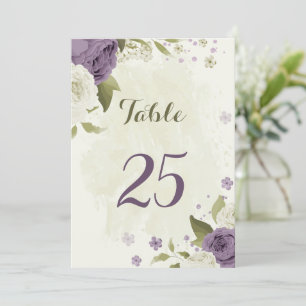 mauve white flowers greenery table number card