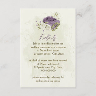 mauve white flowers greenery wedding details enclosure card