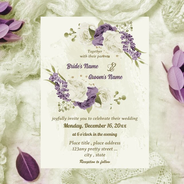 mauve white flowers greenery wedding invitation (Creator Uploaded)