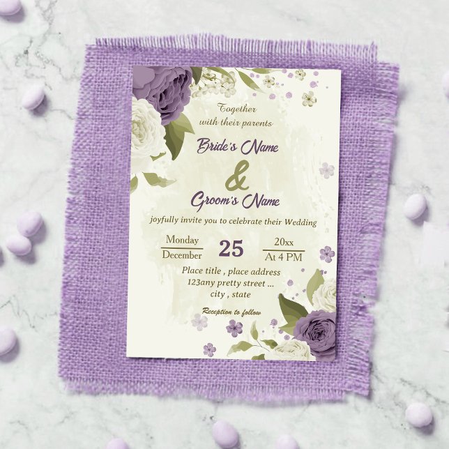 mauve white flowers greenery wedding invitation (Creator Uploaded)