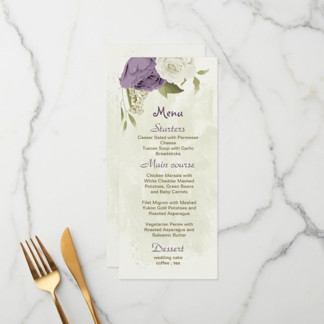 mauve white flowers greenery wedding menu (Front/Back In Situ)