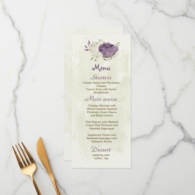 mauve white flowers greenery wedding menu (Front/Back In Situ)