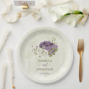 mauve white flowers greenery wedding paper plate