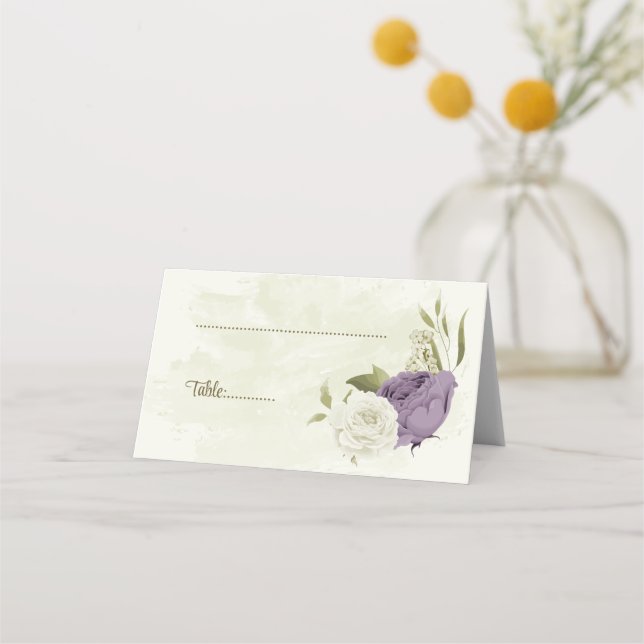 mauve white flowers greenery wedding place card (Front)