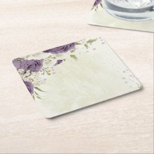 mauve white flowers greenery wedding square paper coaster