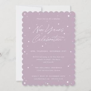 Mauve+White Script Scattered Stars New Year' Party Invitation