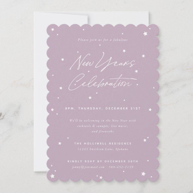 Mauve+White Script Scattered Stars New Year' Party Invitation (Front)
