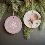Mauve Winter Snowflake First Christmas Photo Ceramic Tree Decoration<br><div class="desc">Ceramic holiday ornament personalised with your baby's photo and custom "My First Christmas" text. This simple modern holiday design features a white snowflake on a dusty pink background. Use the design tools to choose any background colour, edit text fonts and colours and add your own photos to create your own...</div>