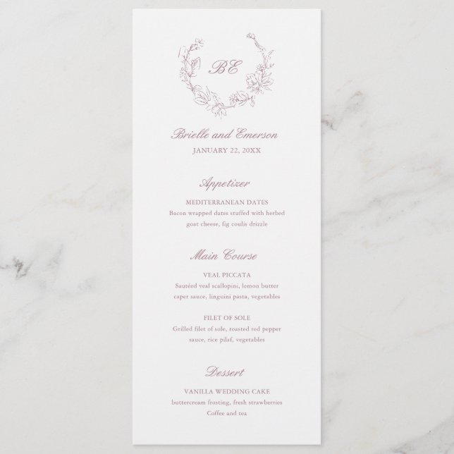 Mauve Wreath Monogram Elegant Wedding Menu (Front)