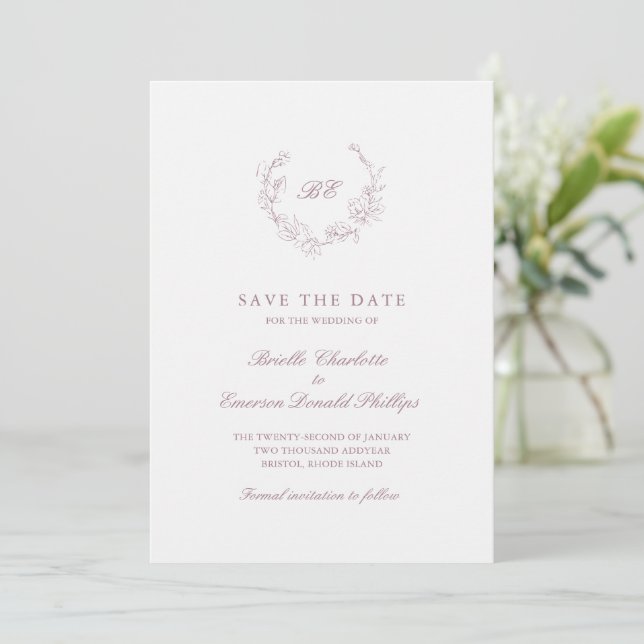 Mauve Wreath Monogram Elegant Wedding Save The Date (Standing Front)
