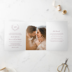 Mauve Wreath Monogram Elegant Wedding Tri-Fold Invitation