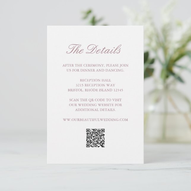 Mauve Wreath Monogram QR Code Elegant Wedding Enclosure Card (Standing Front)