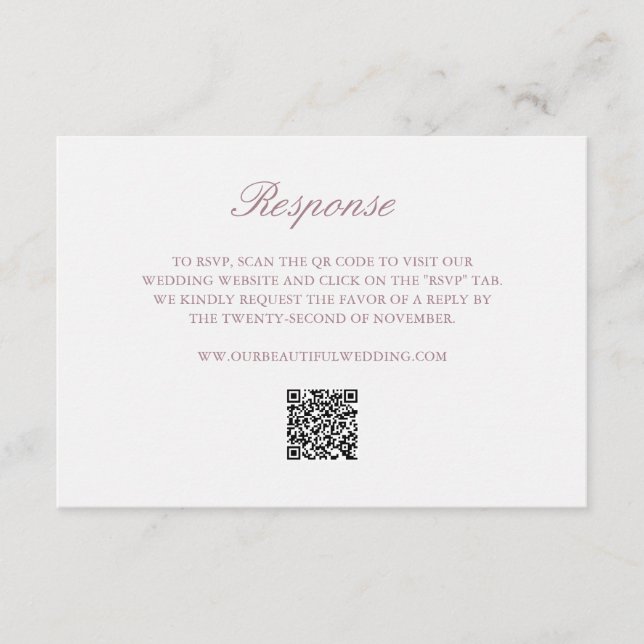 Mauve Wreath Monogram QR Code Elegant Wedding RSVP Card (Front)