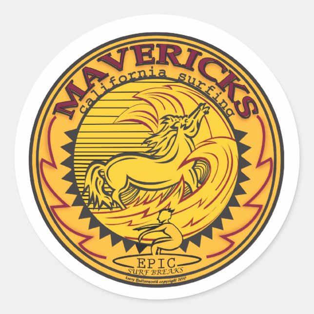 MAVERICKS CALIFORNIA SURFING CLASSIC ROUND STICKER (Front)