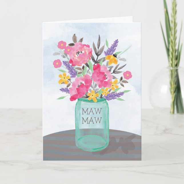 Maw Maw Mother's Day Jar Vase with Flowers Card (Front)