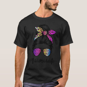 Mawmaw life with Rainbow Leopard Messy Bun Mother' T-Shirt