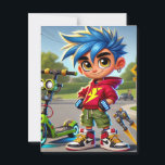 Max Rockett Postcard<br><div class="desc">Max Rocket is a born speedster — not just physically,  but mentally. He thinks fast,  acts fast,  and talks even faster. His motto? “Why walk when you can rocket?”
He’s mischievous but never mean,  always standing up for the underdog,  even if it means getting grounded... again.</div>