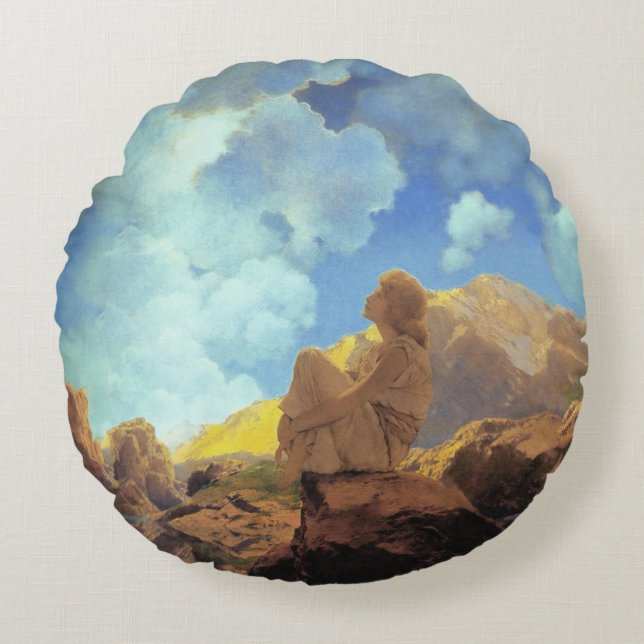 Maxfield Parrish Morning 1922 Cloud Blue Fine Art Round Cushion (Front)