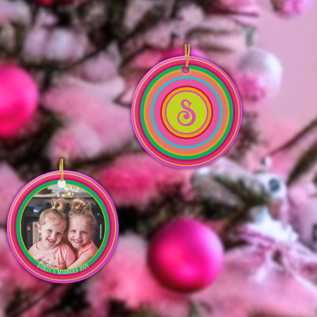 Maximal Colourful Bright Stripes Monogram Photo Ceramic Tree Decoration (Colorful strioed monogram photo ornament personalized with names and years. Pinks, greens, orange, r)