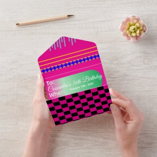 Maximalism Birthday Colourful Chequered Floral  All In One Invitation