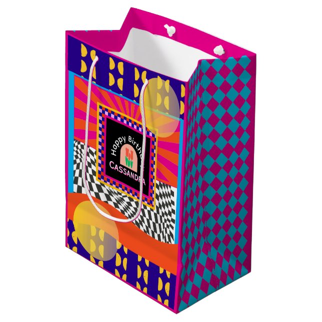 Maximalism Birthday Colourful Chequered Floral  Medium Gift Bag (Front Angled)