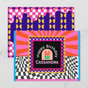 Maximalism Birthday Colourful Chequered Floral  Postcard