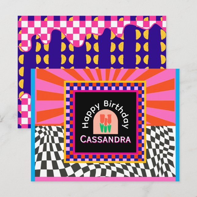 Maximalism Birthday Colourful Chequered Floral  Postcard (Front/Back)