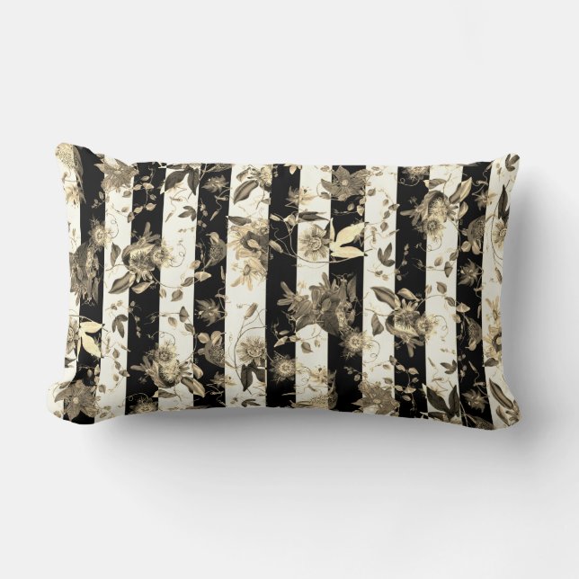 Maximalist Beige Flowers Black White Stripe Lumbar Cushion (Front)