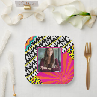 Maximalist Birthday Photo Patterns Colourful Paper Plate